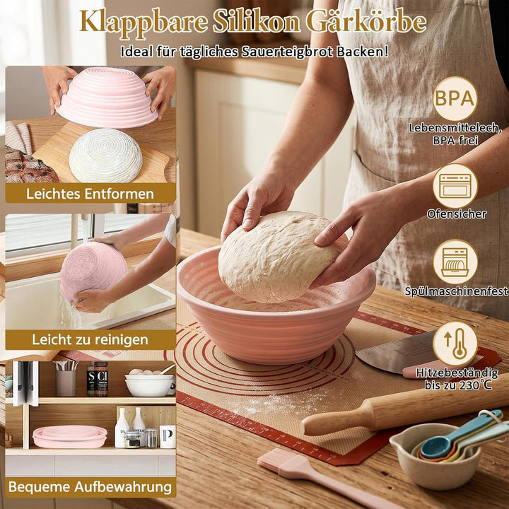 Sauerteig Starter Set 18-teilig mit 900ml Sauerteig Glas, klappbaren Silikon-Gärkörbchen (25cm Oval
