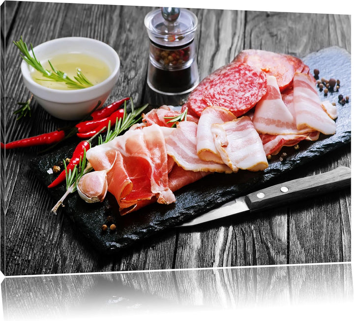 Pixxprint Antipasti Wurstsorten als Leinwandbild/Grösse: 100x70 / Wandbild/Kunstdruck/fertig bespann