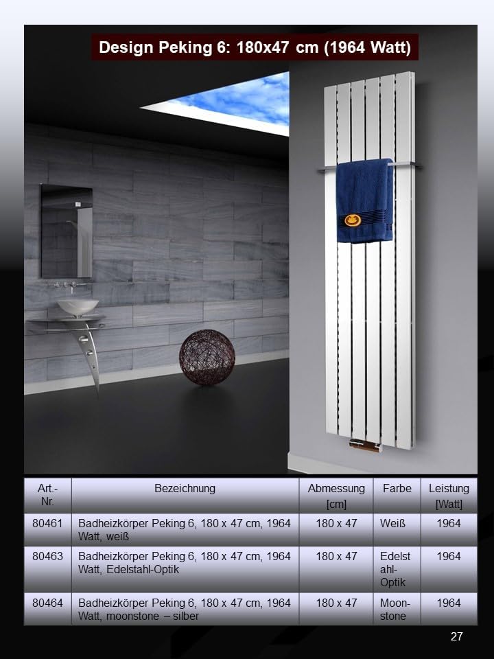 Badheizkörper Design Peking 3 180x47cm 1118 Watt weiss (+ 2 Knopfhalter) SZAGATO Handtuchwärmer Hand