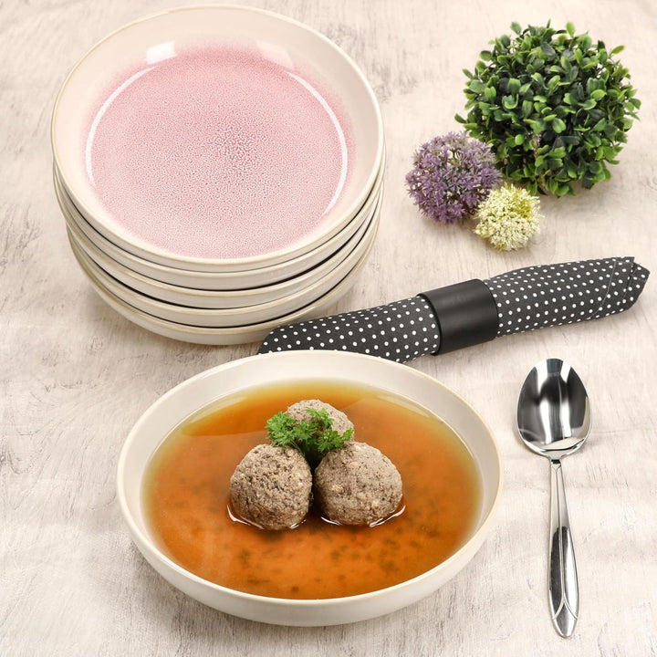MamboCat 6er Set Reactive Glaze Paris Suppenteller I 400 ml I Creme &amp; Pink I Steingut-Teller für 6 P