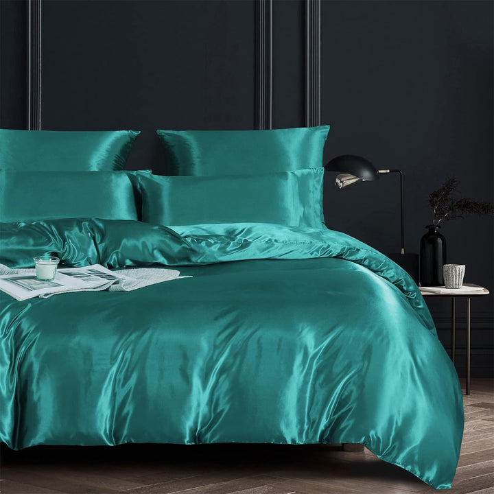 Damier Satin Bettwäsche 155x220cm Türkis Glatt Glänzend Bettbezug Set 3 Teilig hohe Deluxe Deckenbez