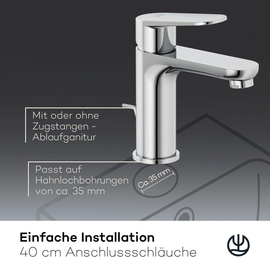 KLUDI-X1 Waschtischarmatur, Auslaufhöhe 95 mm, wassersparender Wasserhahn Bad Grösse M, Keramikkartu