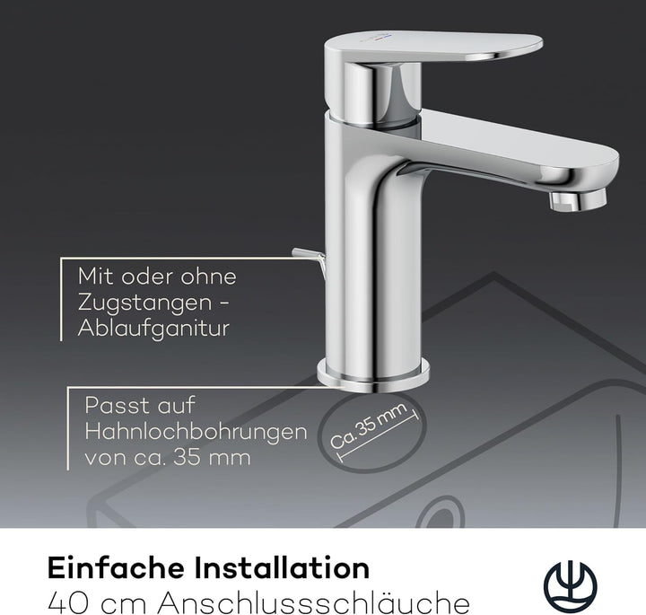KLUDI-X1 Waschtischarmatur, Auslaufhöhe 95 mm, wassersparender Wasserhahn Bad Grösse M, Keramikkartu