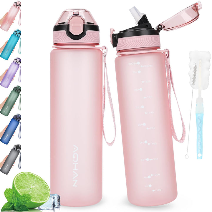 AOHAN Trinkflasche 1L mit auslaufsicherem Klappdeckel, BPA freie Sport Trinkflasche mit Stroh, Wasse