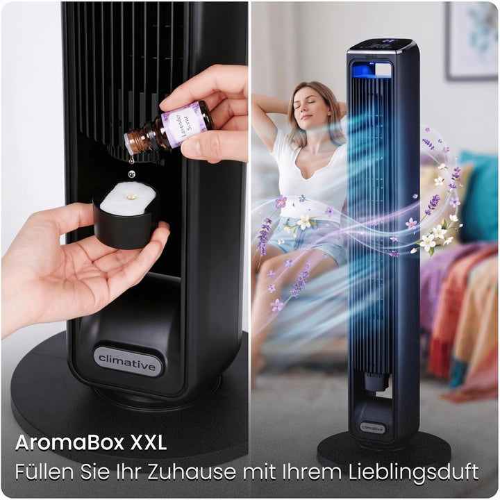 Turmventilator ION 107cm WiFi Tuya, Ionisator & grosses Duftfach, Starker 6m/s Wind, 90° Oszillation