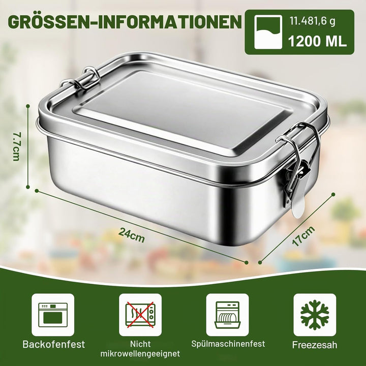 1200ml Brotdose Edelstahl mit Fächern, Brotzeitdose mit Trennwänd | Hochwertige 304 Edelstahl Brotdo
