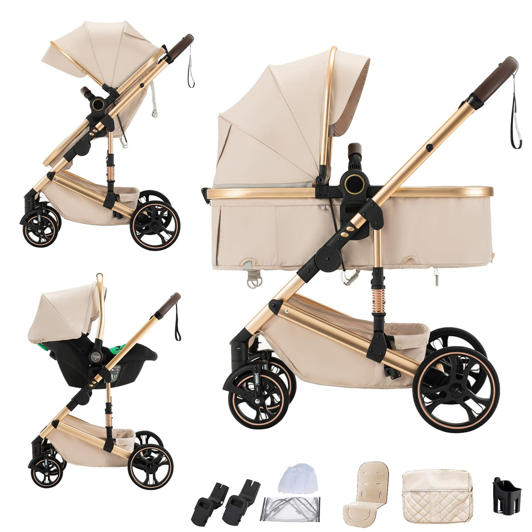 Kinderwagen 3 in 1,Puppenwagen Mit Babyschale Buggy Komplettset with One-touch Folding,KombiKinderwa