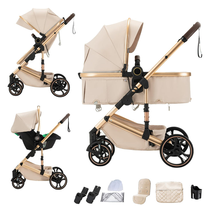 Kinderwagen 3 in 1,Puppenwagen Mit Babyschale Buggy Komplettset with One-touch Folding,KombiKinderwa