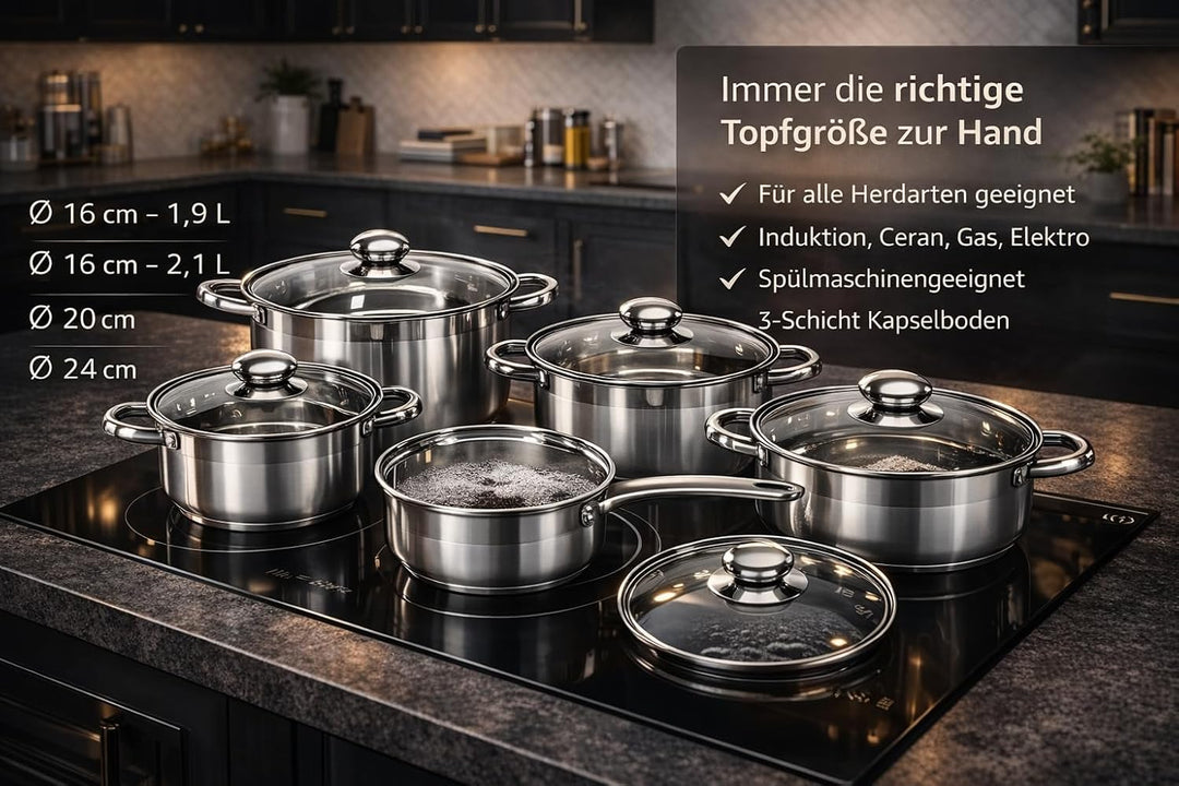 Posten Anker Topfset Induktion 7-teilig, Edelstahl satiniert, für alle Herdarten, Kochtöpfe mit Glas