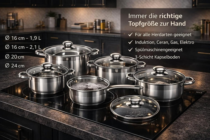 Posten Anker Topfset Induktion 7-teilig, Edelstahl satiniert, für alle Herdarten, Kochtöpfe mit Glas