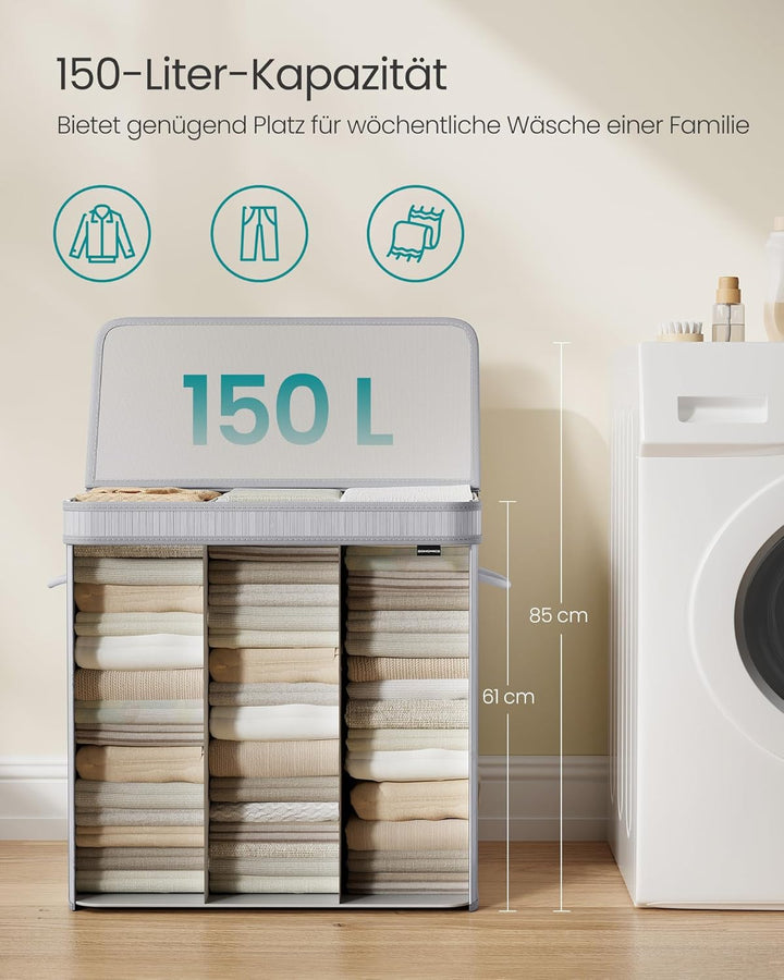 SONGMICS Wäschekorb mit Deckel, Wäschesammler Bambus, Wäschesack herausnehmbar und maschinenwaschbar