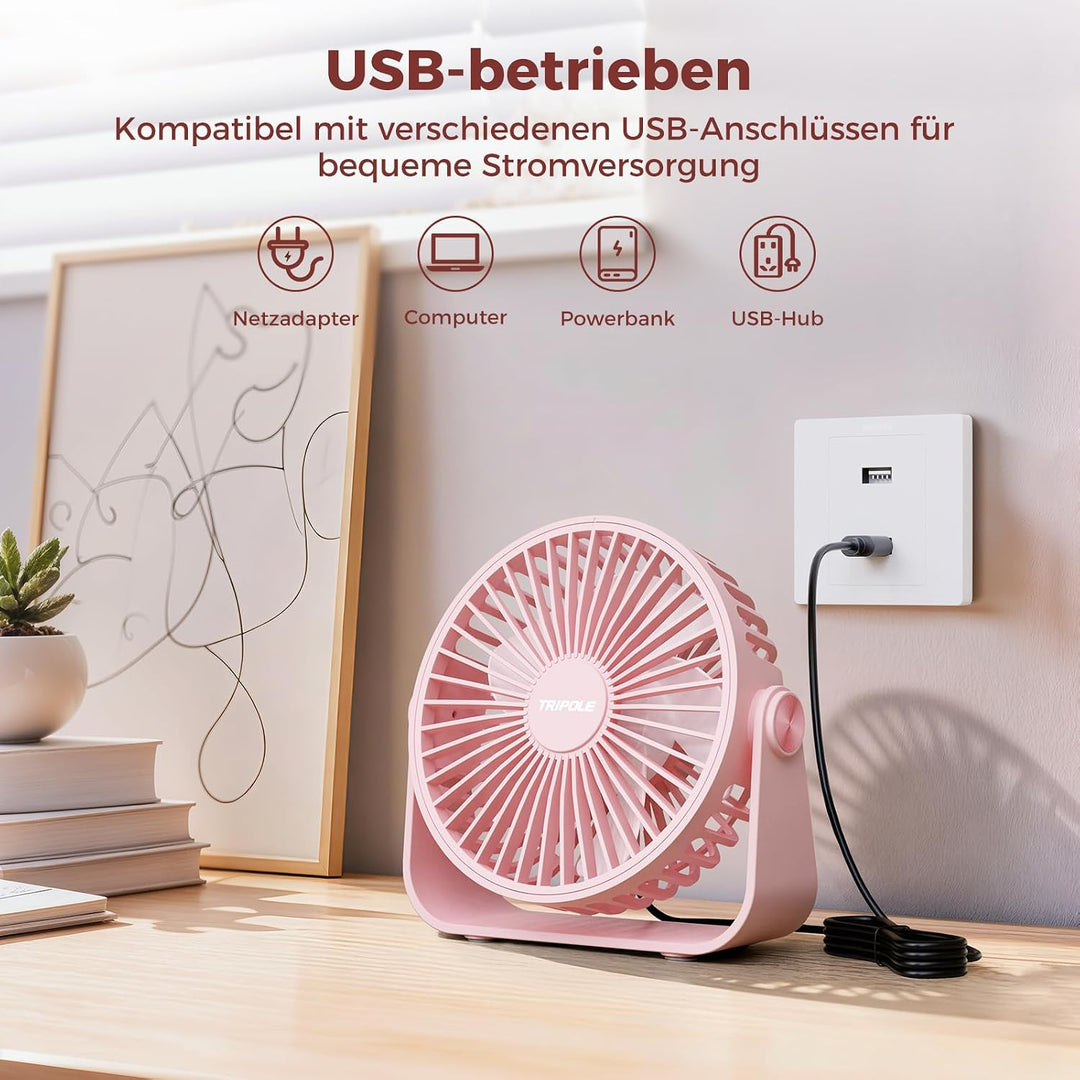 TriPole USB Tischventilator, 3 Geschwindigkeiten Starker Wind, 360° Rotation Persönlicher Ventilator