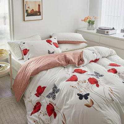 Luofanfei Bettwäsche 155x220cm Blumen Schmetterling Rot Weiss Altrosa Bettwäsche Set Microfaser Pfla