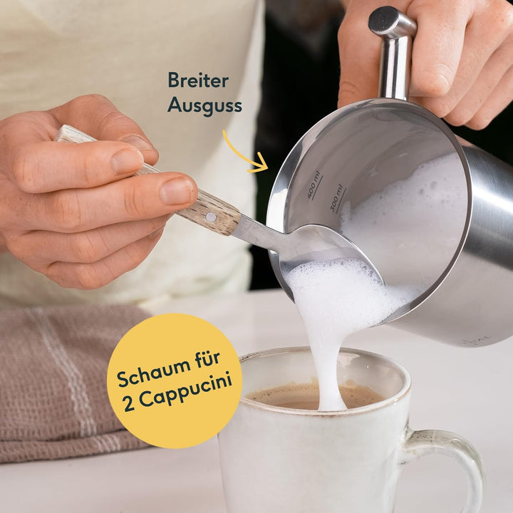 SILBERTHAL Milchaufschäumer Manuell Edelstahl - 400ml - Perfekter Milchschaum dank doppeltem Sieb un