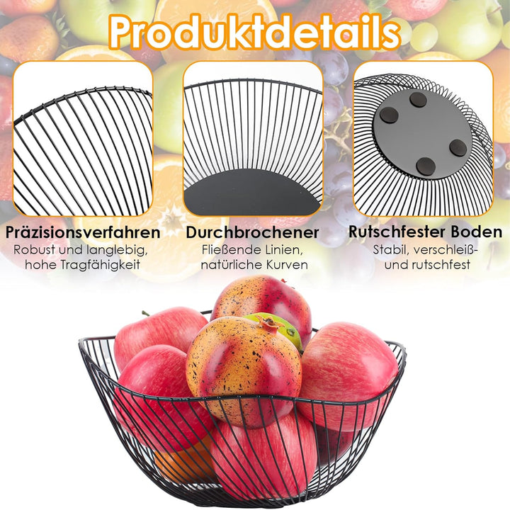 3 Stück Obstschale Modern, 25.5x11cm Obstschale Schwarz, Wellenform Obstkorb Metall, Rutschfest Brot
