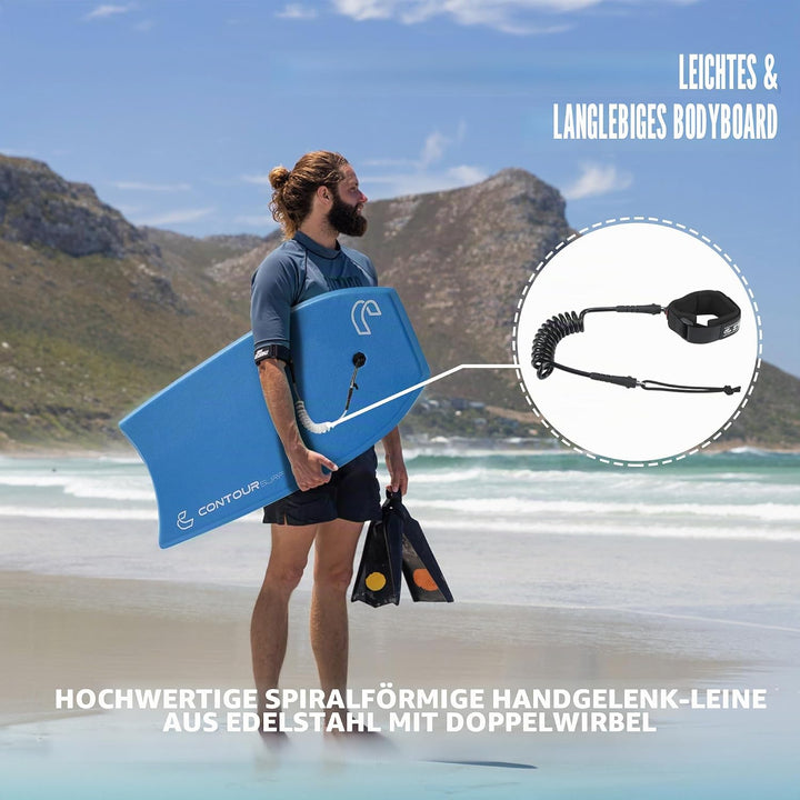 Body Boards for Beach Lightweight Durable Body Board with EPS Core Dual Channel Double Swivel Coiled