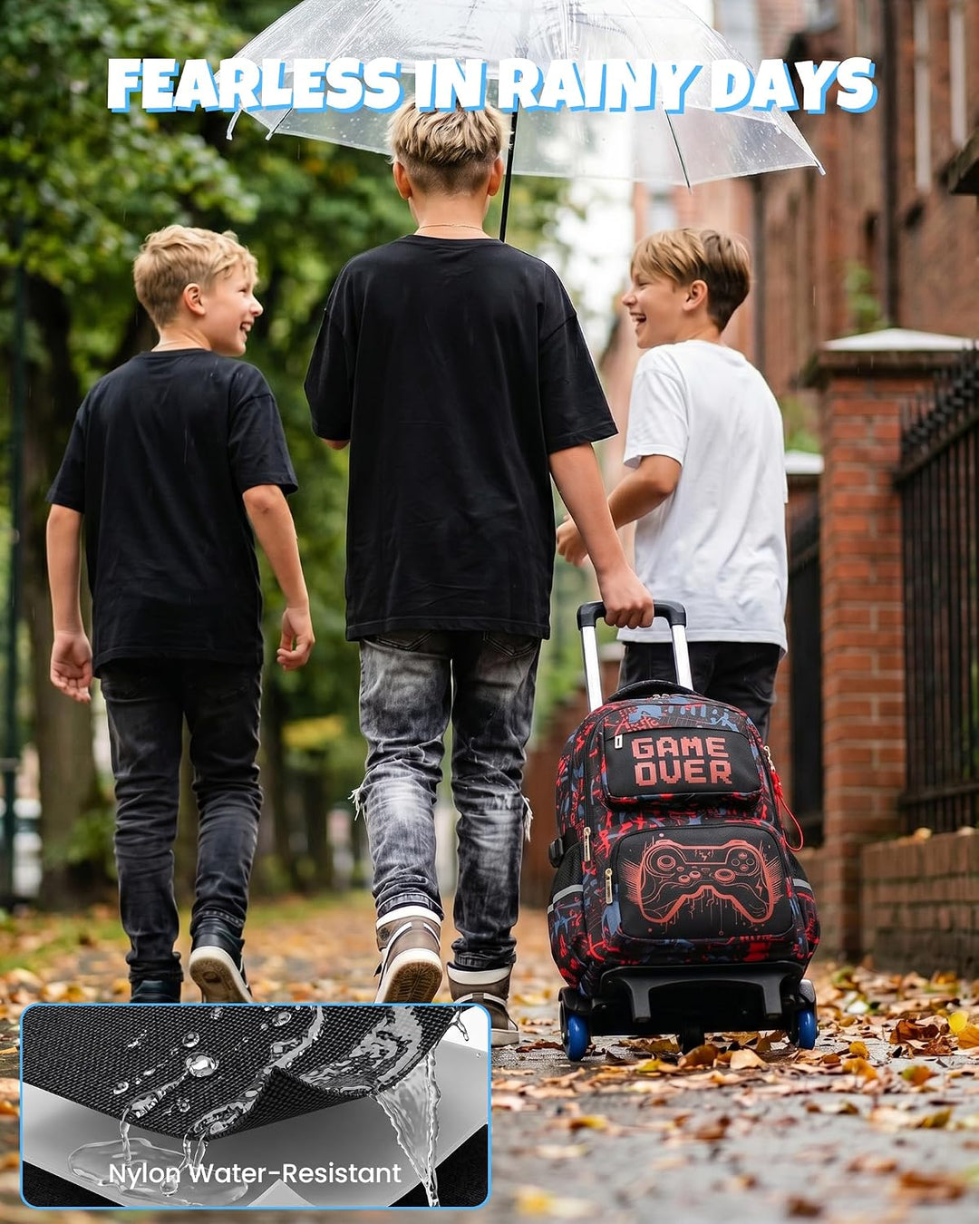 Amythe Schulrucksack mit Rollen für Jungen, Grosser Leuchtstoff Trolley-Rucksack mit 6 Räder, Wasser