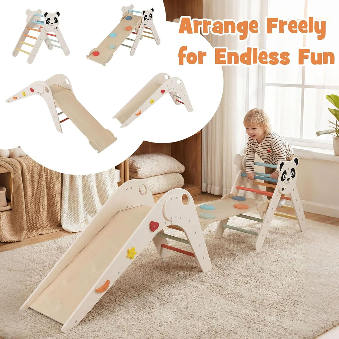 FANTASK Kletterdreiecke Indoor 3er Set, Klappbares Klettergerüst Holz mit Rutsche, Rampe & Kletterle
