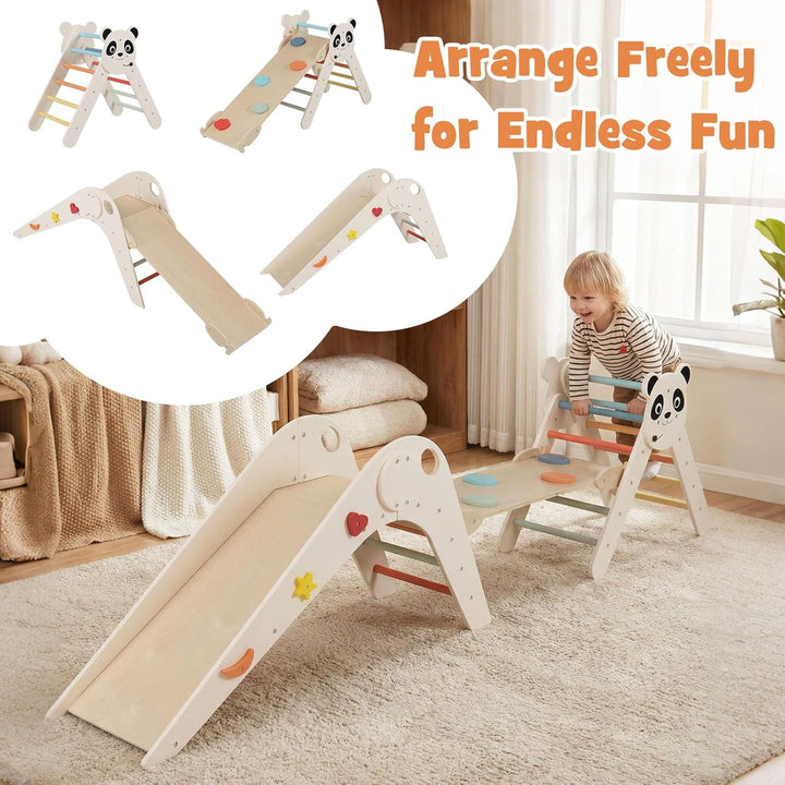 FANTASK Kletterdreiecke Indoor 3er Set, Klappbares Klettergerüst Holz mit Rutsche, Rampe & Kletterle