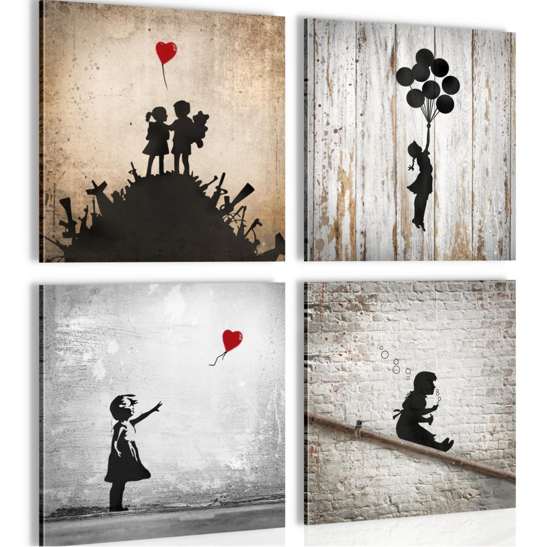 Novart Bilder Set Banksy Collage - KOMPLETT AUFHÄNGFERTIG - Grau Rot Orange Wohnzimmer Schlafzimmer