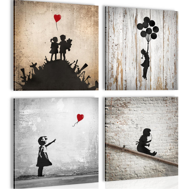 Novart Bilder Set Banksy Collage - KOMPLETT AUFHÄNGFERTIG - Grau Rot Orange Wohnzimmer Schlafzimmer