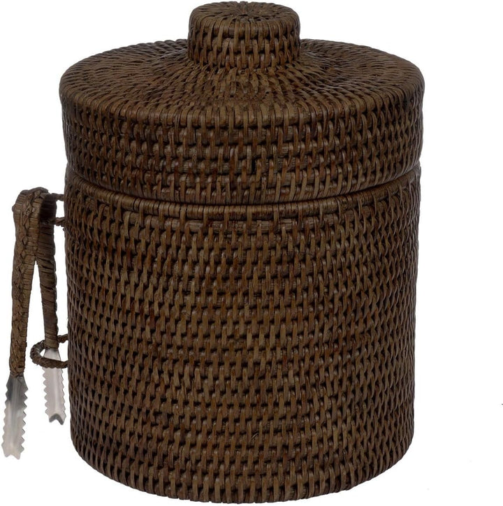 Eiskübel/Eiseimer mit Deckel und Zange, aus Kunststoff &amp; geflochtenem Rattan, Ø 20 x H 25 cm / 2,5 L