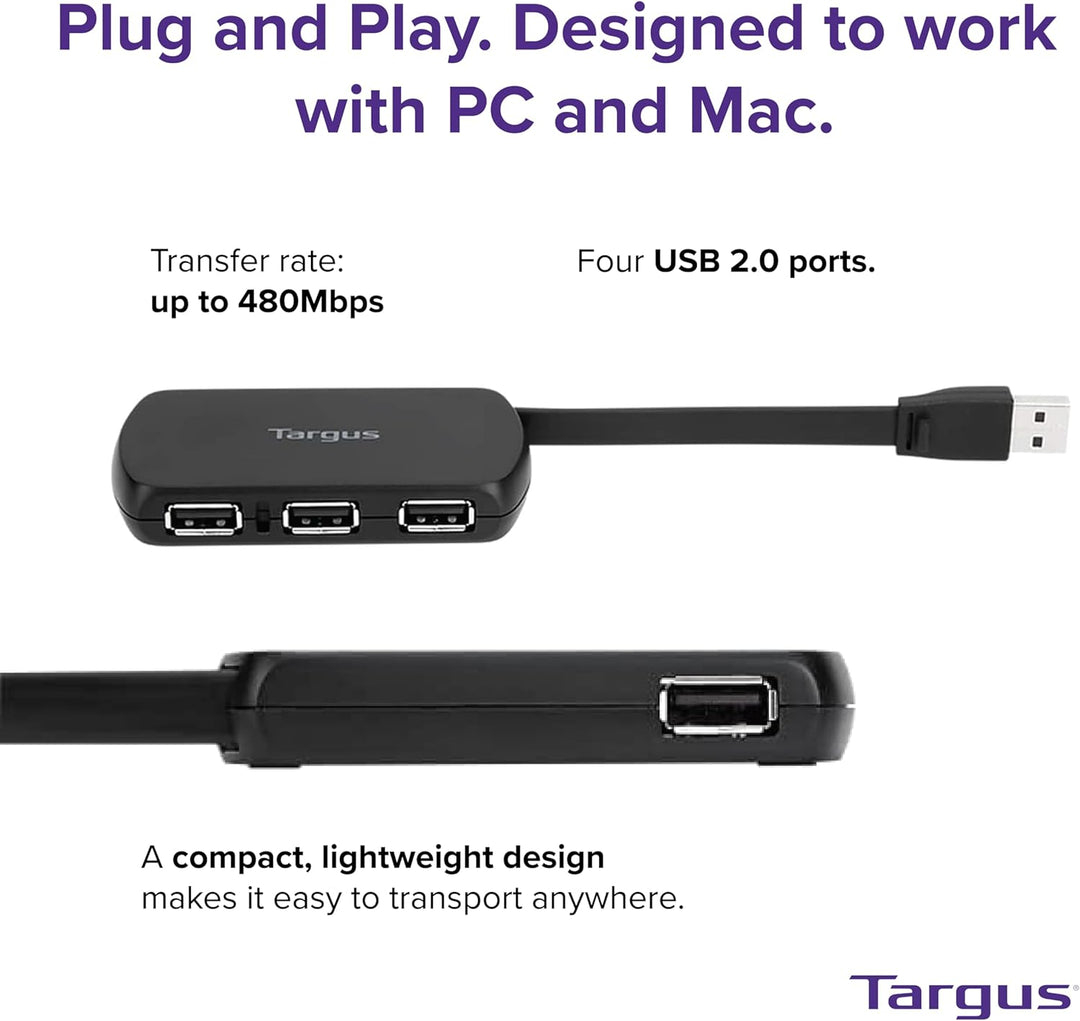 Targus - 4 Port USB-A Hub 2.0 - Kompatibel mit Mac und PC - Schlanke, reisefreundliche Laptop-Dockin