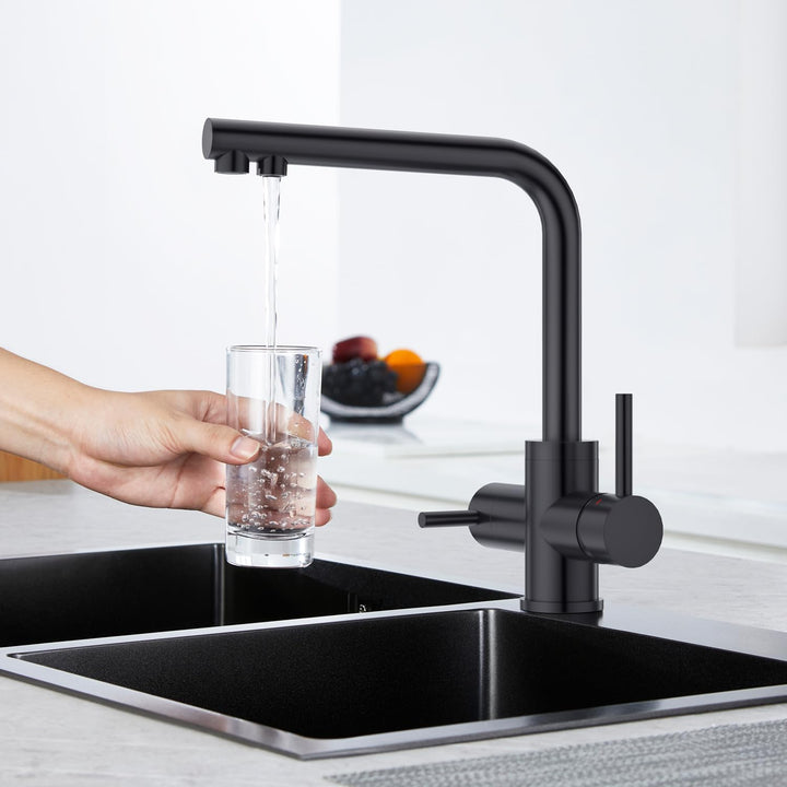 CREA 3 Wege Wasserhahn Küche Schwarz, 360° Drehbar Küchenarmatur, 3 in 1 Mischbatterie Küche für Was