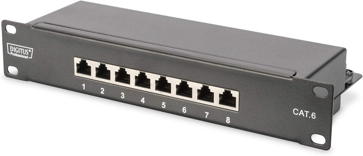 DIGITUS 10-Zoll Set - Netzwerk-Schrank 12HE Schwarz - Fachboden - Steckdosenleiste - 8-Port Patch-Pa