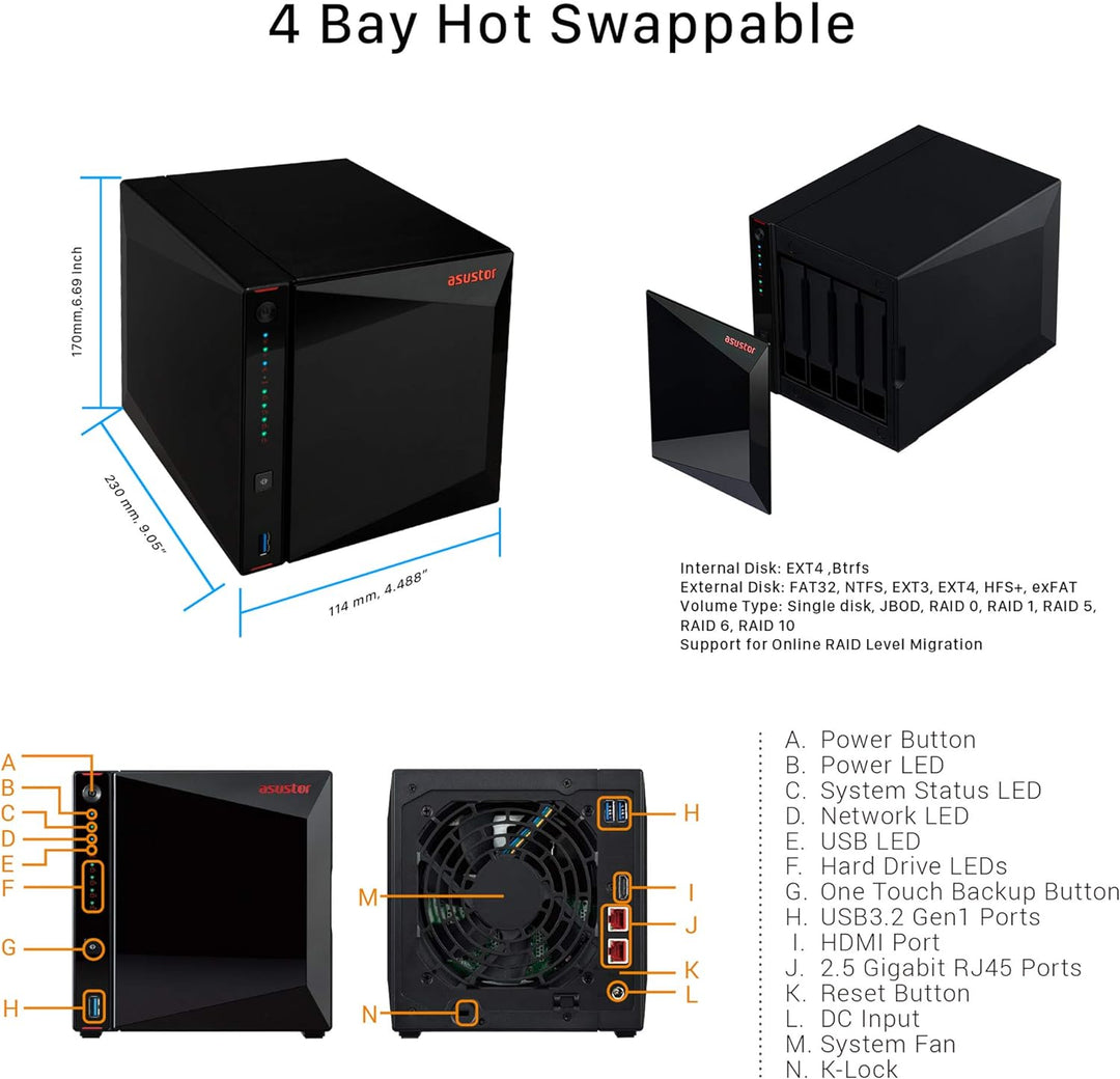 Asustor AS5304T Nimbustor 4 Bay NAS - Netzwerkspeicher Gehäuse, Quad Core 1,5GHz CPU, 4GB DDR4 4 Bay