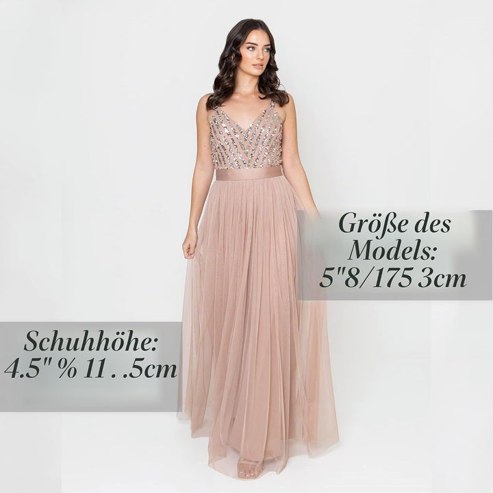 Maya Deluxe Damen Maxi Abendkleid Elegant für Hochzeit mit V-Ausschnitt Tüllkleid Schleife Brautjung