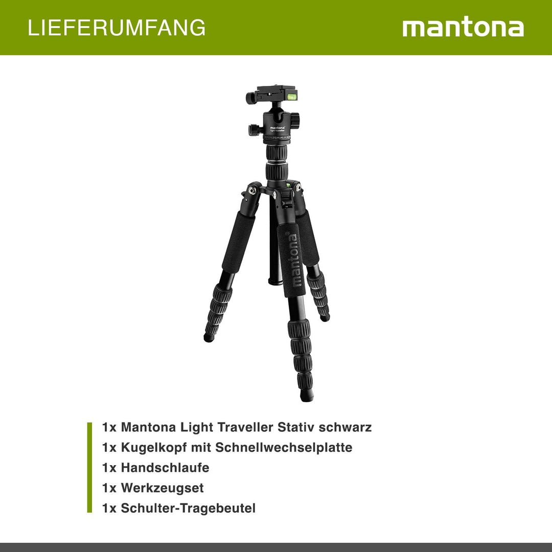 mantona Reisestativ Light Traveller, stabiles Aluminium I leichtes Kamera-Stativ , Kugelkopf + Wechs
