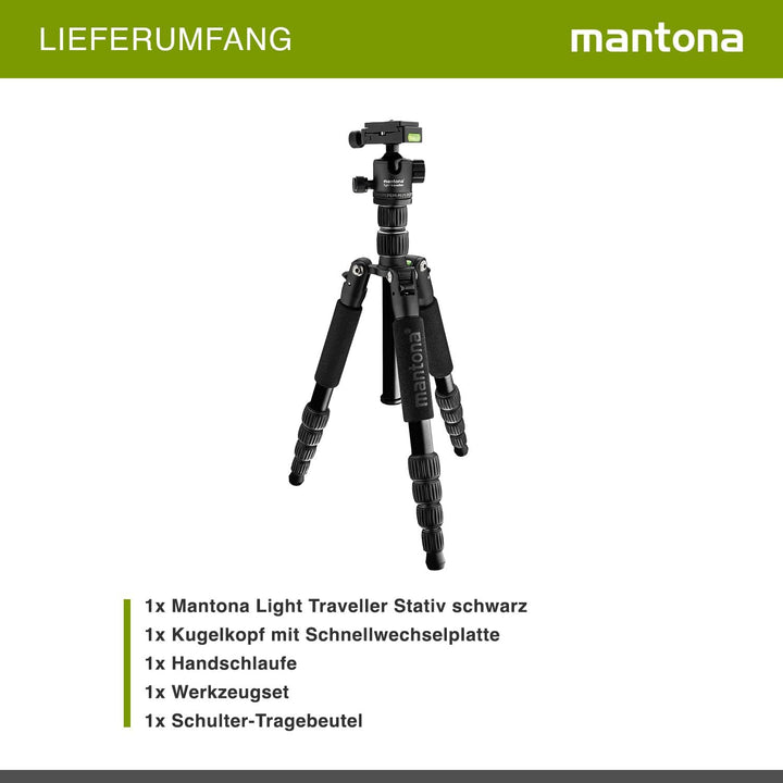 mantona Reisestativ Light Traveller, stabiles Aluminium I leichtes Kamera-Stativ , Kugelkopf + Wechs