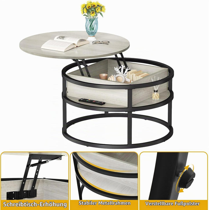 YITAHOME Couchtisch Höhenverstellbar, Runder Couchtisch mit Verstecktem Ablagefac, Beistelltisch Run