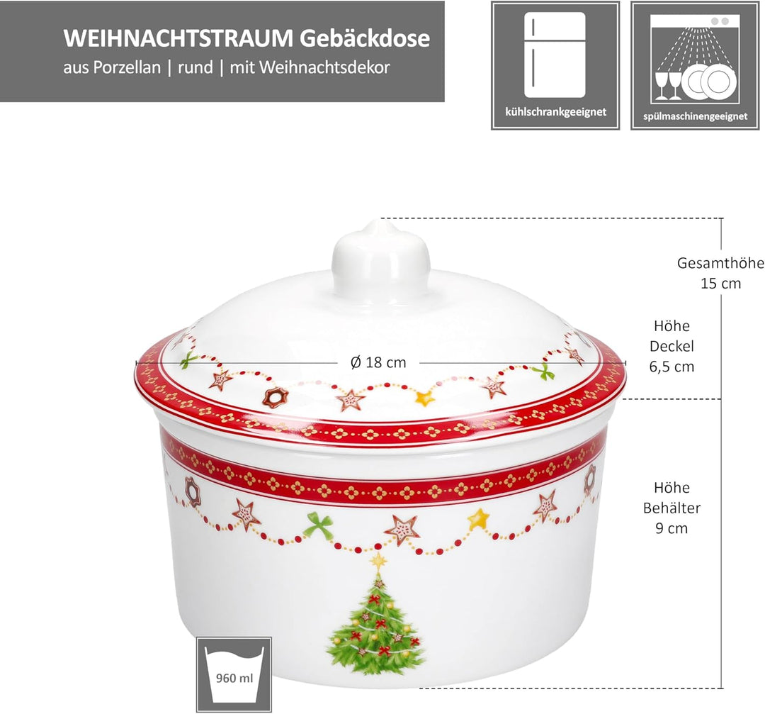 MamboCat Weihnachtstraum Gebäckdose mit Deckel I 960ml I runde Keksbox mit Weihnachtsdekor I Vorrats
