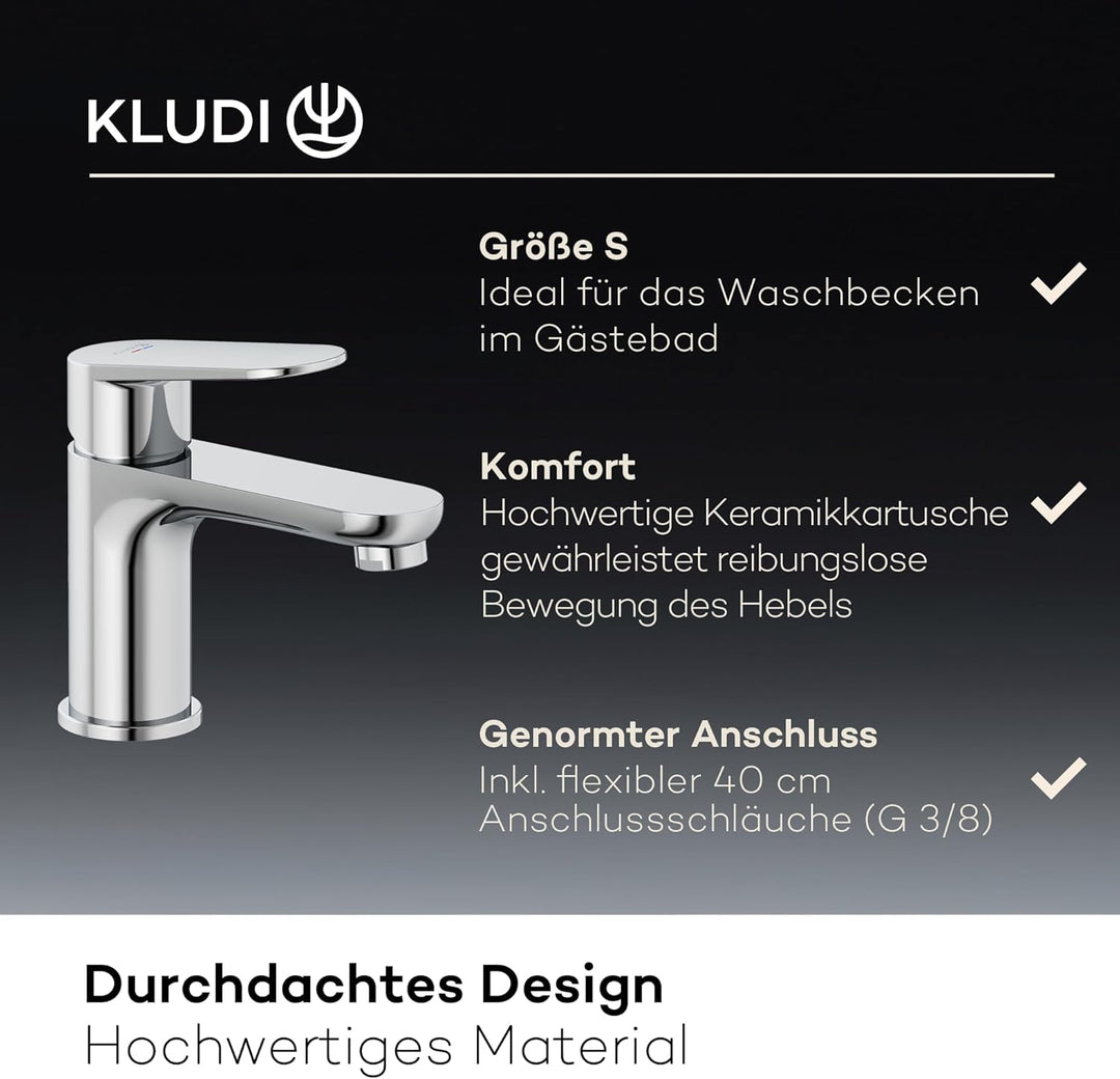 KLUDI-X1 Waschtischarmatur, Auslaufhöhe 75 mm, wassersparender Wasserhahn Bad Grösse S, Keramikkartu
