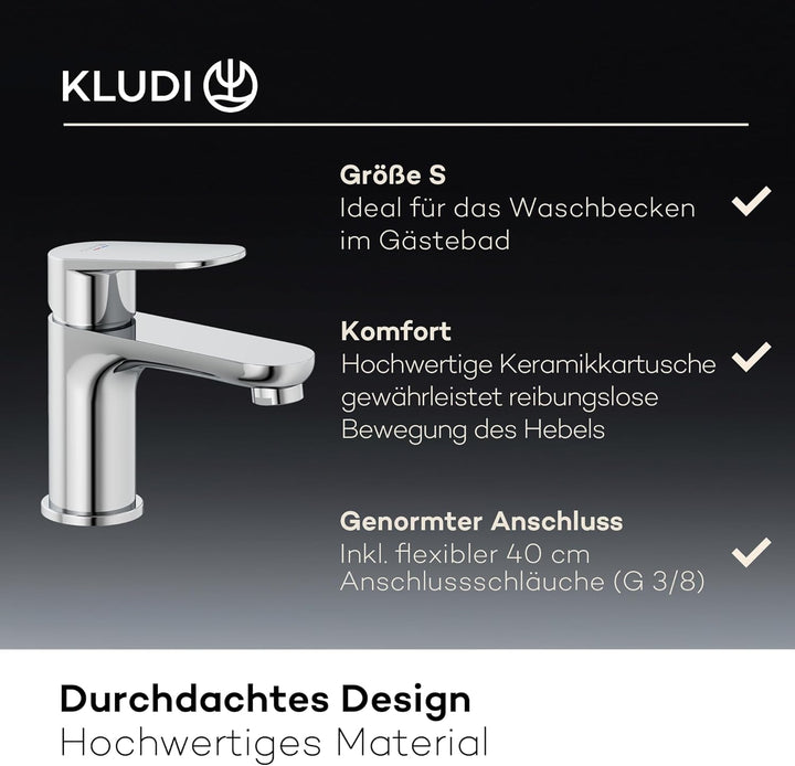 KLUDI-X1 Waschtischarmatur, Auslaufhöhe 75 mm, wassersparender Wasserhahn Bad Grösse S, Keramikkartu