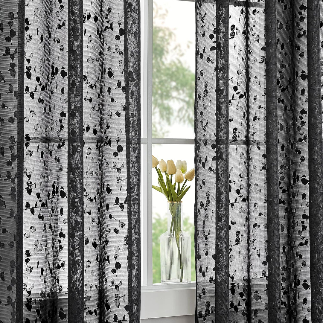 Treatmentex Schwarze Halbtransparente Spitze Vorhang Moderne Stickerei Gardinen mit Ösen Häkeln Stri