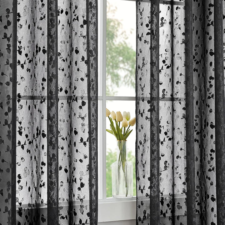 Treatmentex Schwarze Halbtransparente Spitze Vorhang Moderne Stickerei Gardinen mit Ösen Häkeln Stri