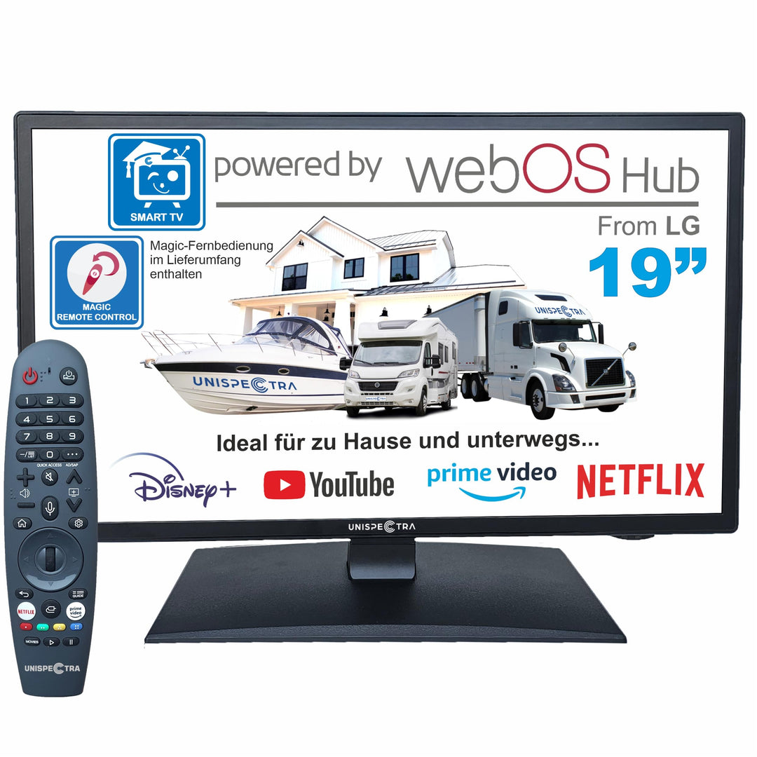 Unispectra ® 19“ Smart TV (webOS) HDR 230V 24V Triple Tuner: Satellit, Antenne, Kabel TV, Magic Remo