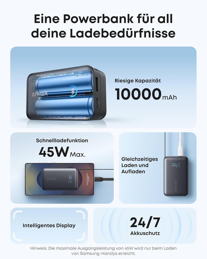 Anker Nano Powerbank,10.000mAh Externer Akku mit 70cm Anker InstaCord Einzugskabel, 45W Max Kompakte
