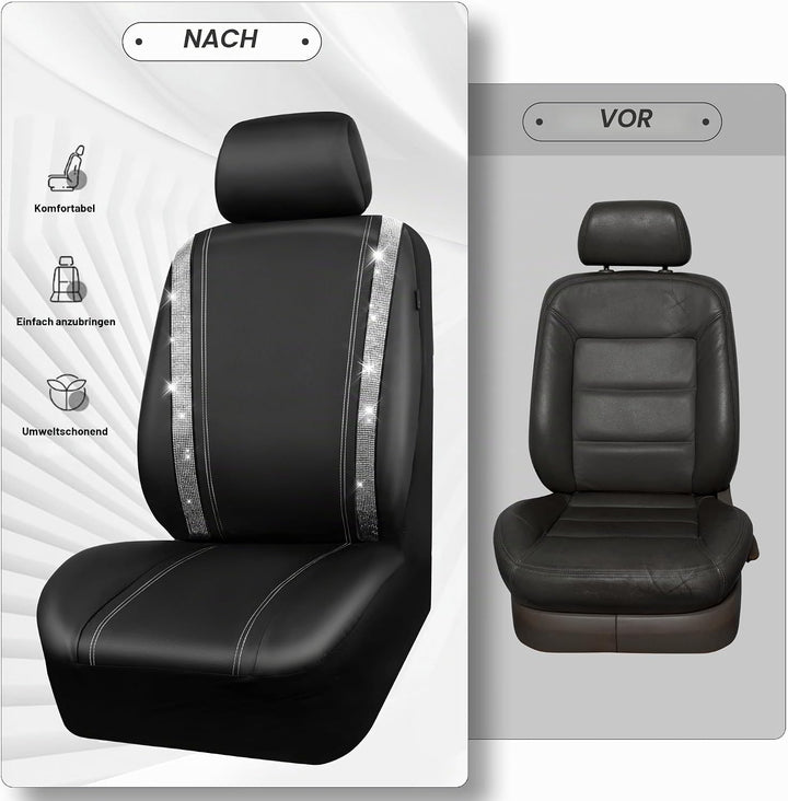 CAR PASS Wasserdicht Leder Autositzbezüge, Bling Diamant Komplettset Sitzbezug, Glänzend Kristall Gl