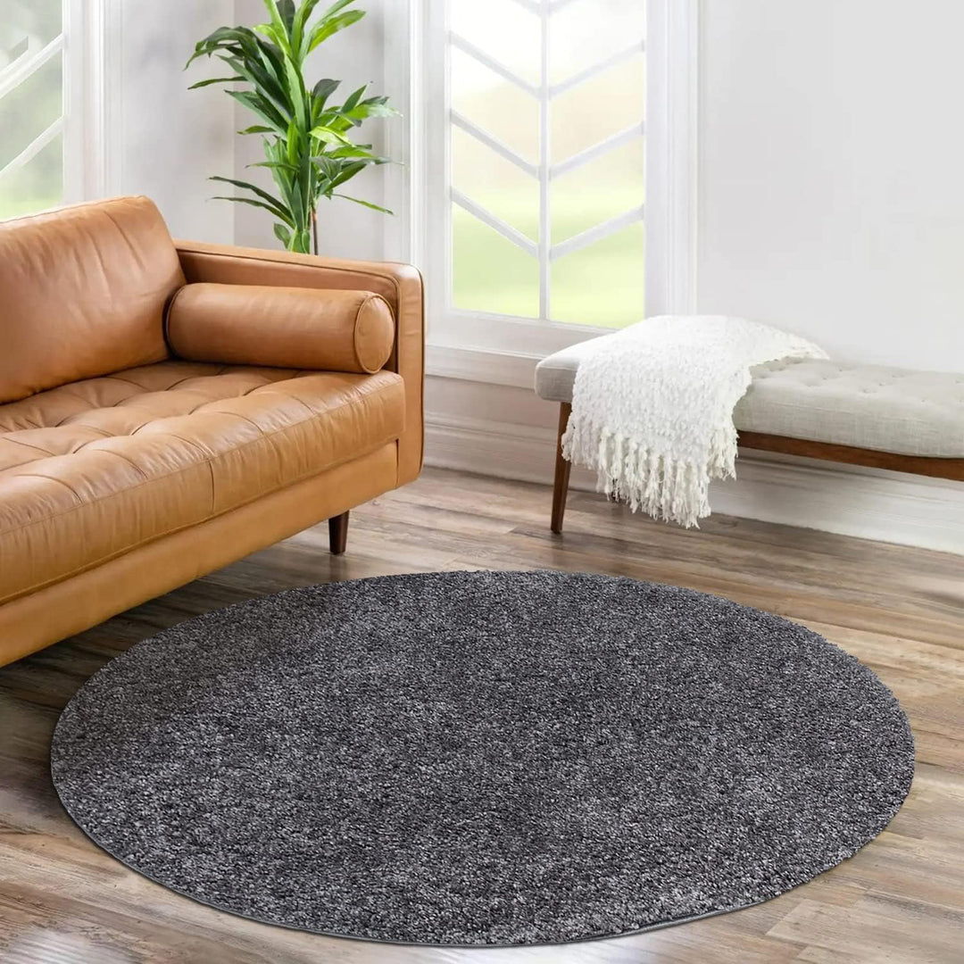 payé Teppich Rund Hochflor Shaggy - 200x200cm - Anthrazit Einfarbig Uni Flauschig Modern Boho Wohnzi
