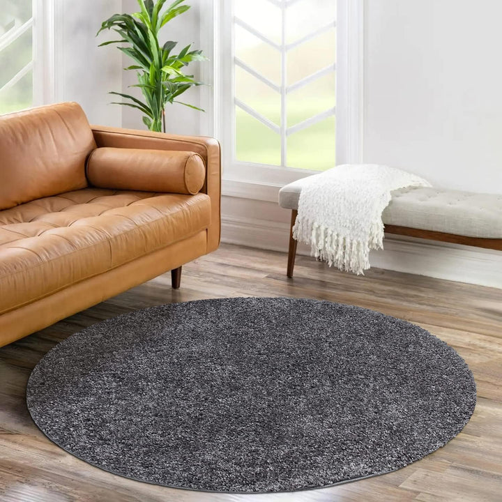 payé Teppich Rund Hochflor Shaggy - 200x200cm - Anthrazit Einfarbig Uni Flauschig Modern Boho Wohnzi