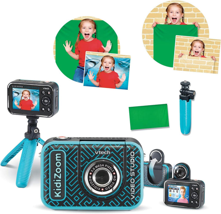 VTech Kidizoom Video Studio HD blau – Kinderkamera mit Greenscreen, Stativ, Effekten, Selfielinse un