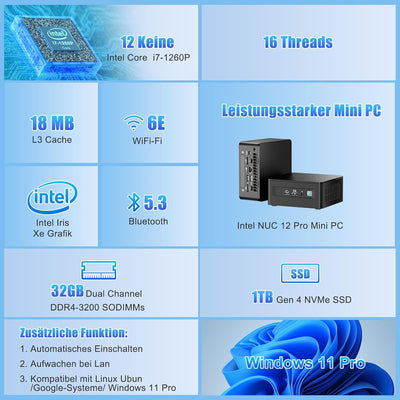 Intel NUC 12 Pro Mini PC Core i7-1260P|12 Kerne 16 Threads Mini Desktop Computer Iris Xe Grafik|32GB