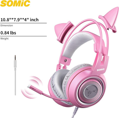 Somic G951S Rosa Gaming-Headset mit Mikrofon, Mädchen Frauen Rosa Katze Ohr-Kopfhörer mit 3,5-mm-Kab