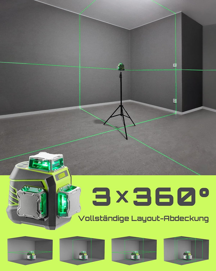 LasGoo Kreuzlinienlaser Selbstnivellierend 3 x 360°, Grüne 3D Laser-Wasserwaage für Konstruktion und