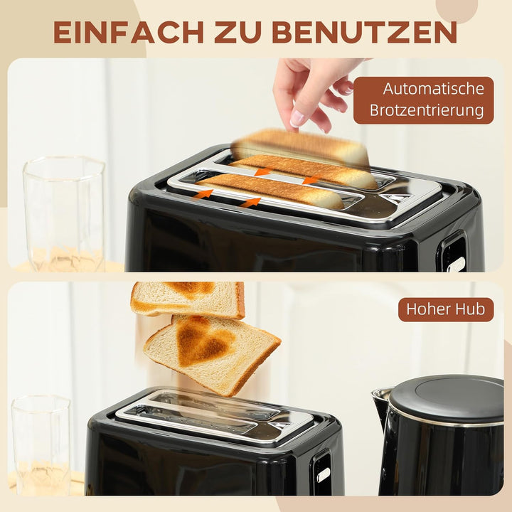 HOMCOM Wasserkocher Toaster Set Edelstahl 1,5L 2200W Wasserkocher automatischer mit Abschaltung 2 Sc
