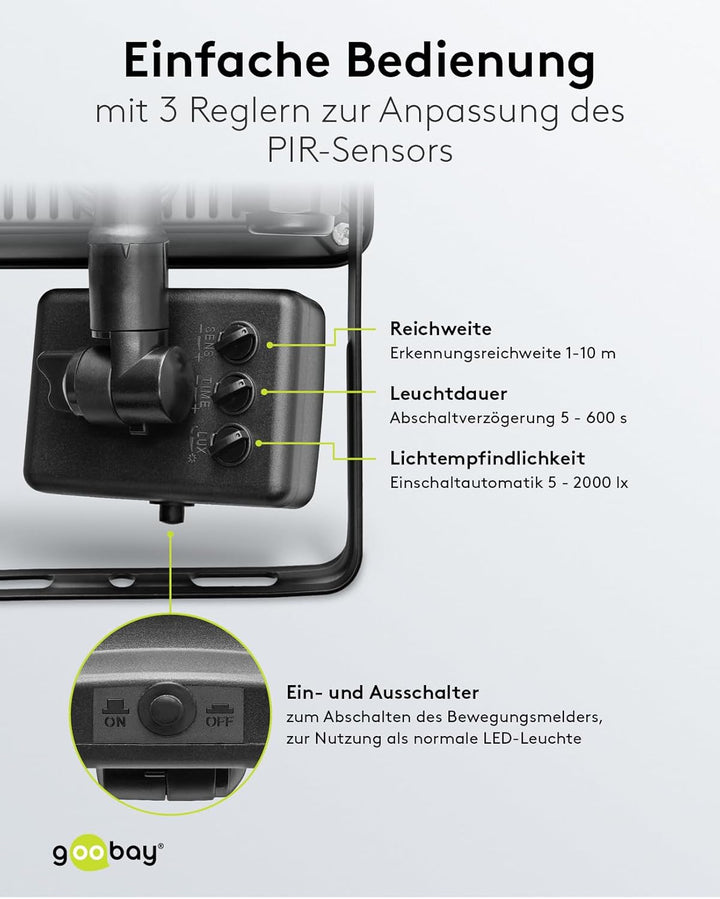 goobay 53881 LED Strahler Bewegungsmelder Aussen 30W / PIR Sensor Aussenstrahler IP44 / Neutralweiss